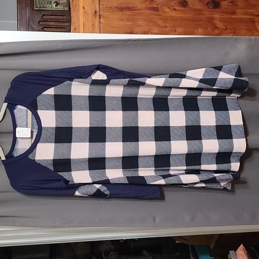 NWT Boutique Tunic Dress Navy Taupe Checkered Pockets Elbow Patches Comfy Size M